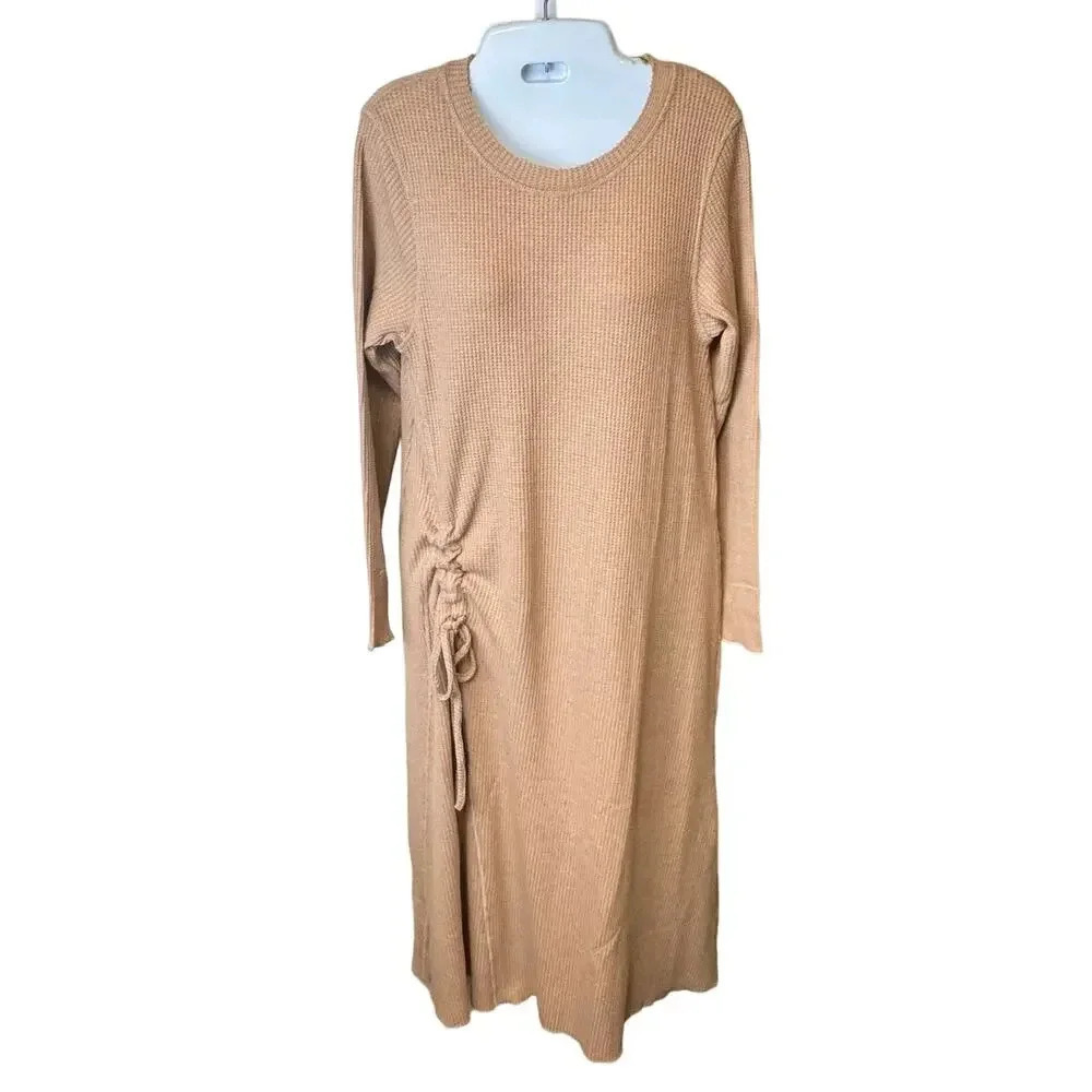 New Stitchdrop Shirred Waffle Knit Sweater Dress Neutral Beige‎ Women’s S - Picture 2 of 6